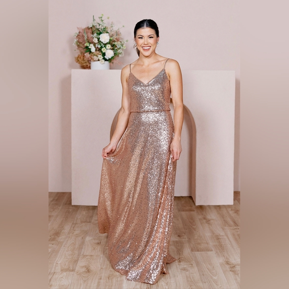 Revelry Hazel Sequin Rose Gold Dress Floor Length Cowl Back Sz 10 Formal Bridal